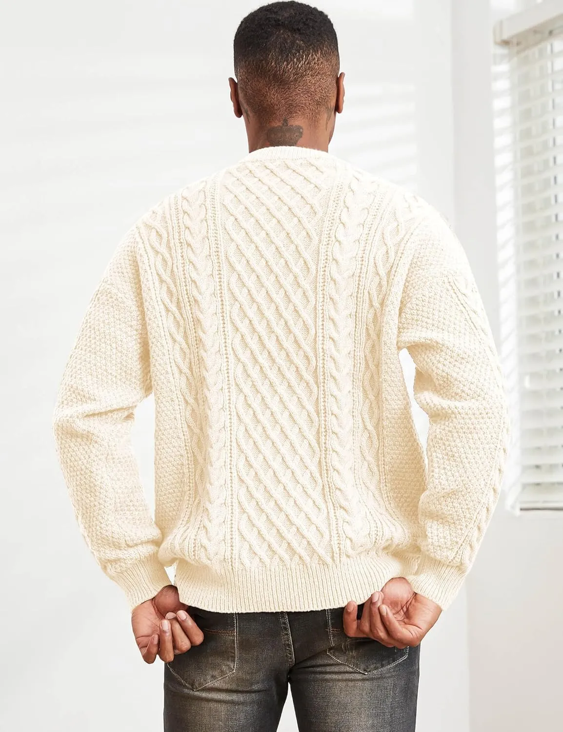 Men's Knit Sweater Crewneck Loose Fit Casual Twist Patterned Textured Long Sleeve Cable Knitted Pullover