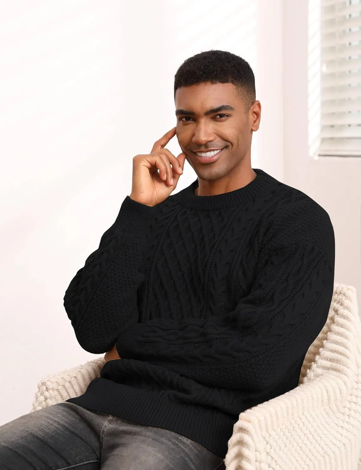 Men's Knit Sweater Crewneck Loose Fit Casual Twist Patterned Textured Long Sleeve Cable Knitted Pullover