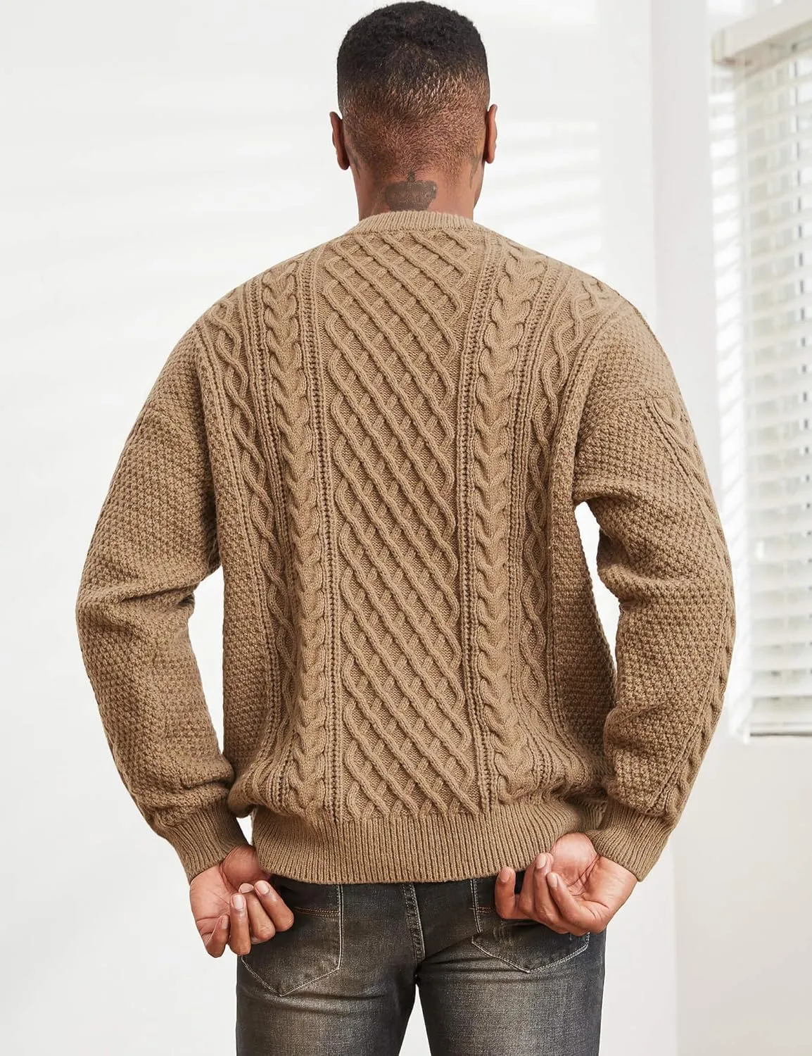 Men's Knit Sweater Crewneck Loose Fit Casual Twist Patterned Textured Long Sleeve Cable Knitted Pullover