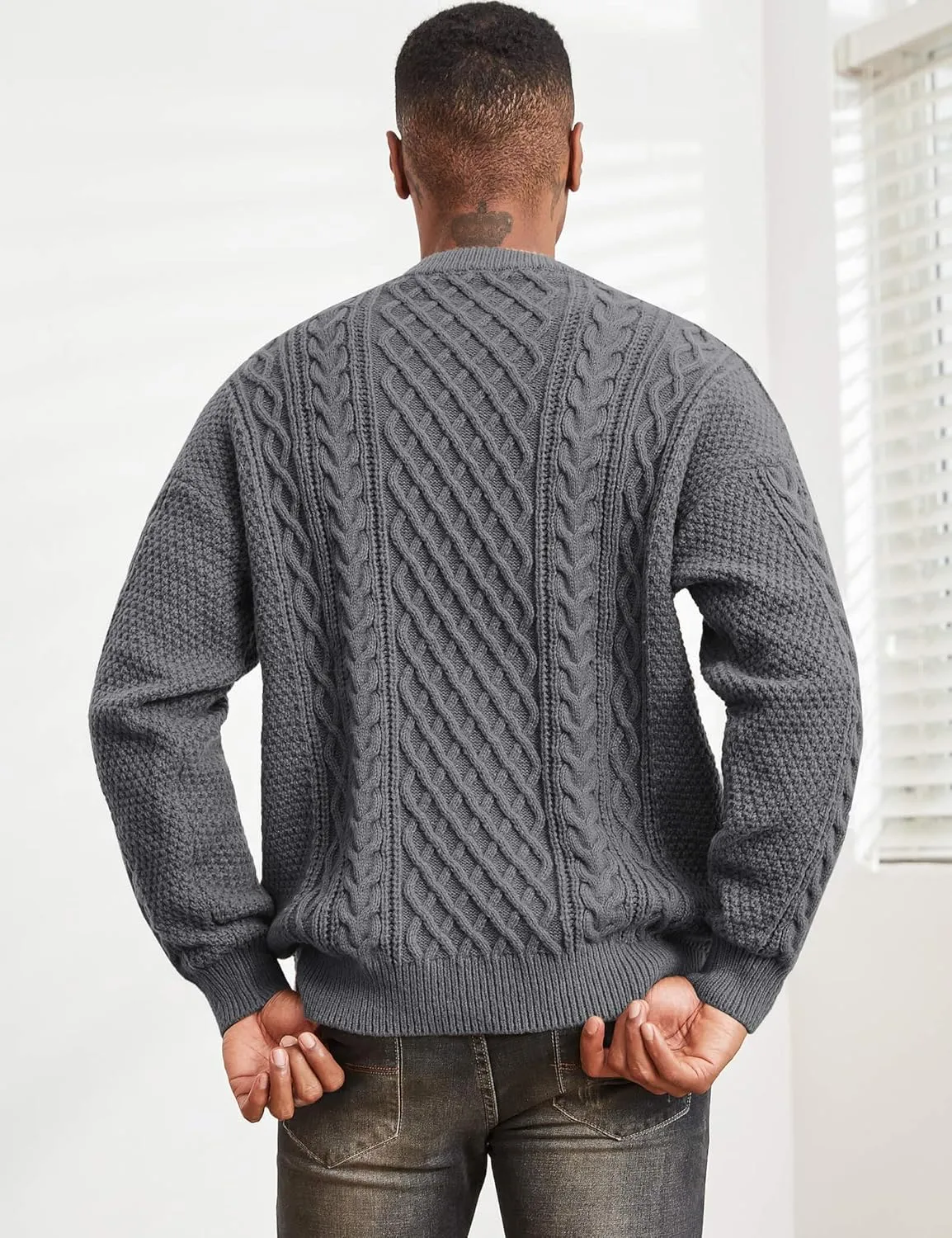 Men's Knit Sweater Crewneck Loose Fit Casual Twist Patterned Textured Long Sleeve Cable Knitted Pullover
