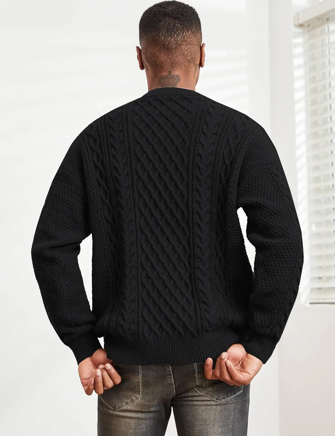 Men's Knit Sweater Crewneck Loose Fit Casual Twist Patterned Textured Long Sleeve Cable Knitted Pullover