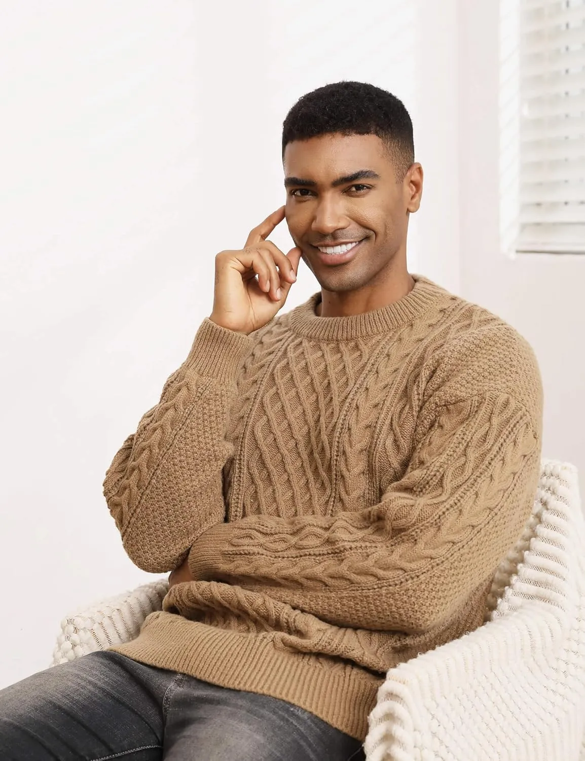 Men's Knit Sweater Crewneck Loose Fit Casual Twist Patterned Textured Long Sleeve Cable Knitted Pullover