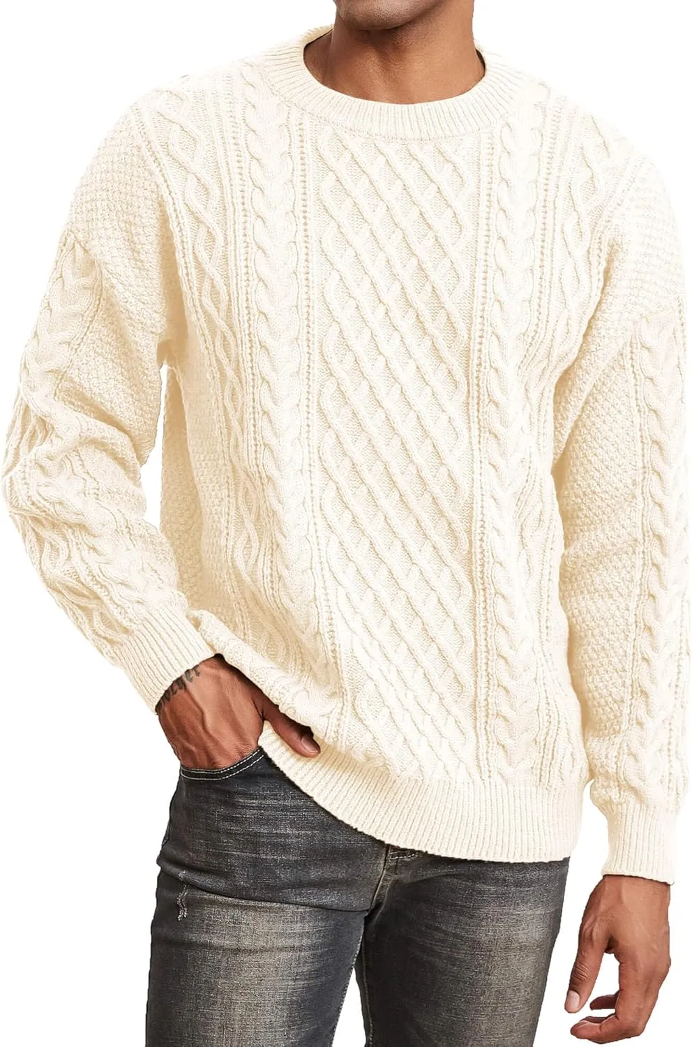 Men's Knit Sweater Crewneck Loose Fit Casual Twist Patterned Textured Long Sleeve Cable Knitted Pullover