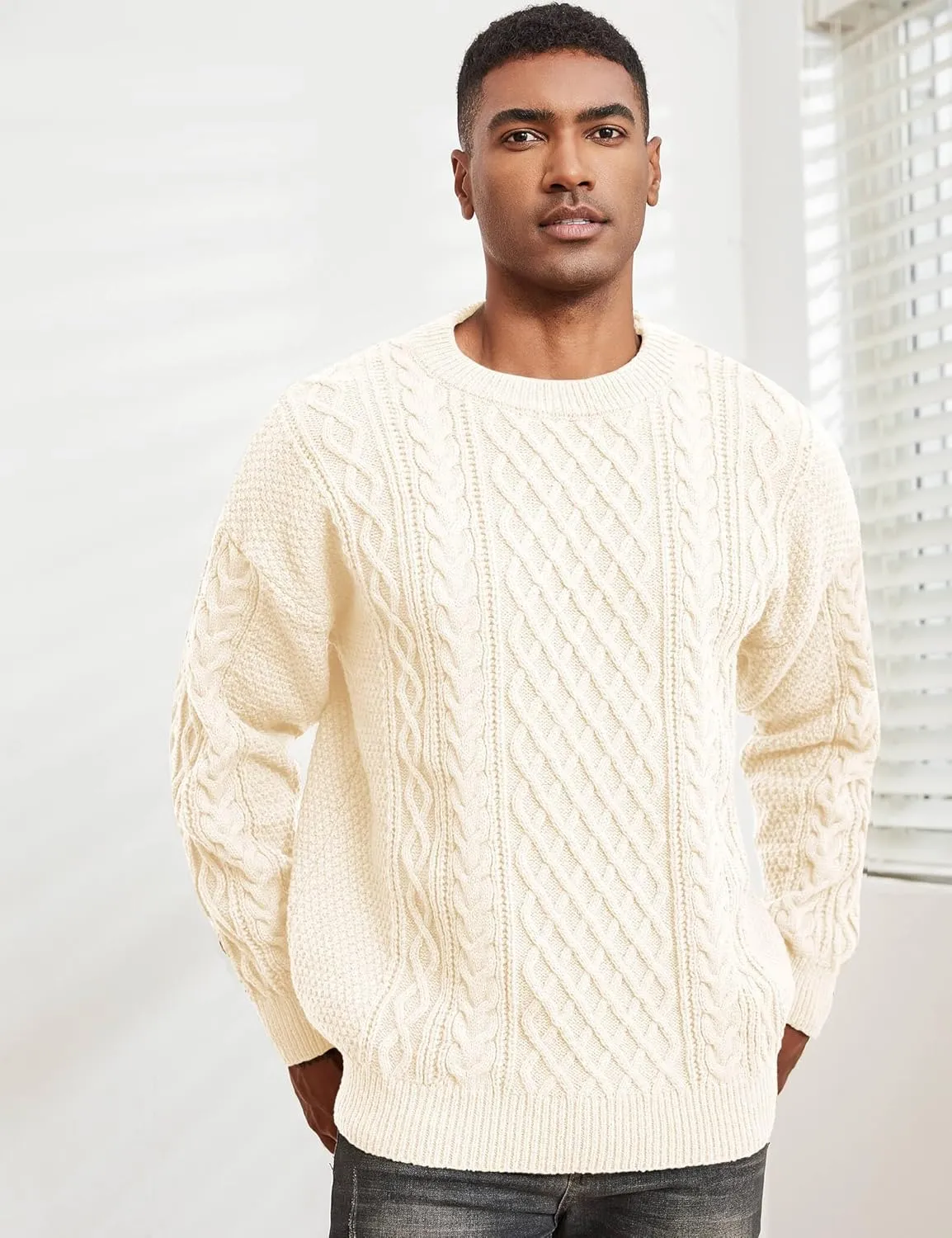Men's Knit Sweater Crewneck Loose Fit Casual Twist Patterned Textured Long Sleeve Cable Knitted Pullover