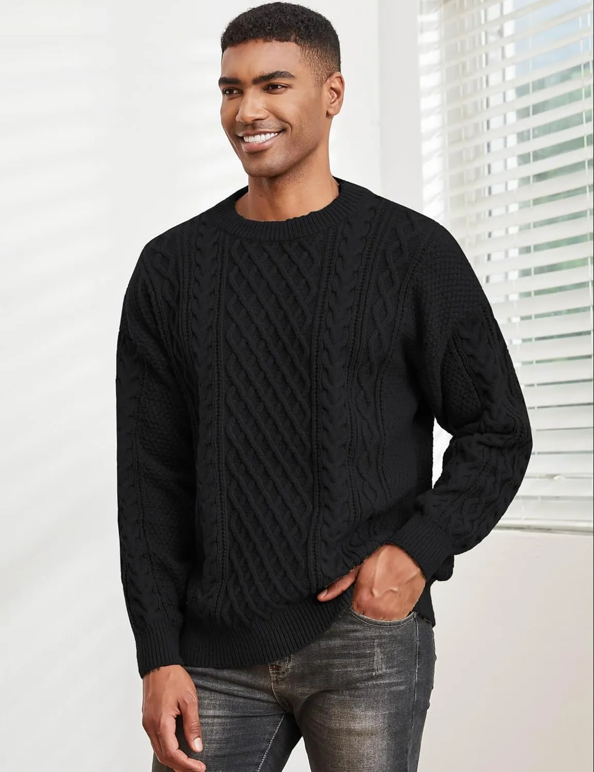 Men's Knit Sweater Crewneck Loose Fit Casual Twist Patterned Textured Long Sleeve Cable Knitted Pullover