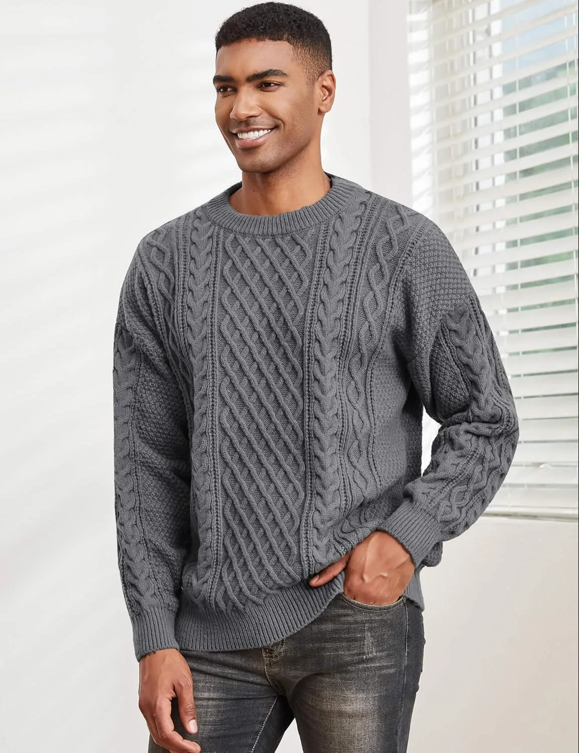 Men's Knit Sweater Crewneck Loose Fit Casual Twist Patterned Textured Long Sleeve Cable Knitted Pullover