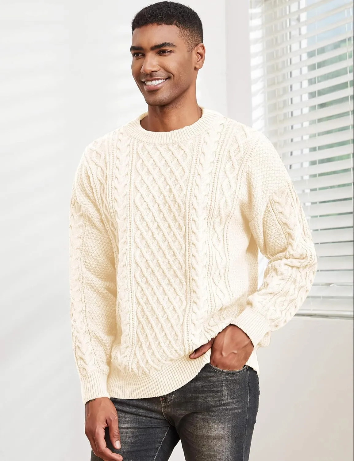 Men's Knit Sweater Crewneck Loose Fit Casual Twist Patterned Textured Long Sleeve Cable Knitted Pullover