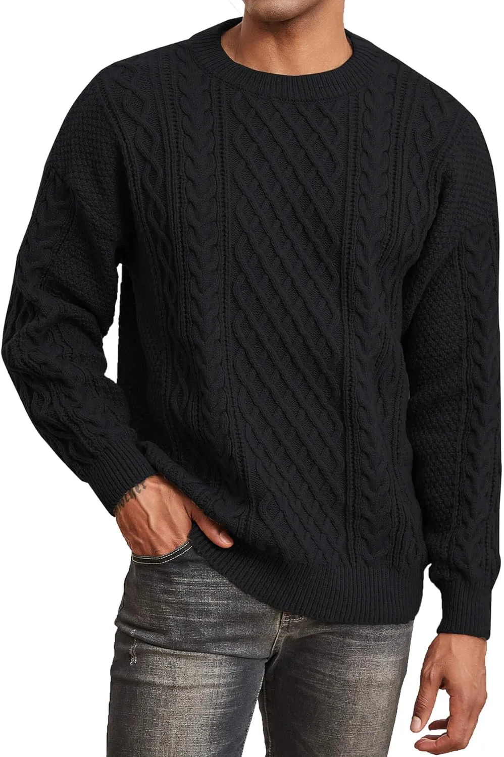 Men's Knit Sweater Crewneck Loose Fit Casual Twist Patterned Textured Long Sleeve Cable Knitted Pullover