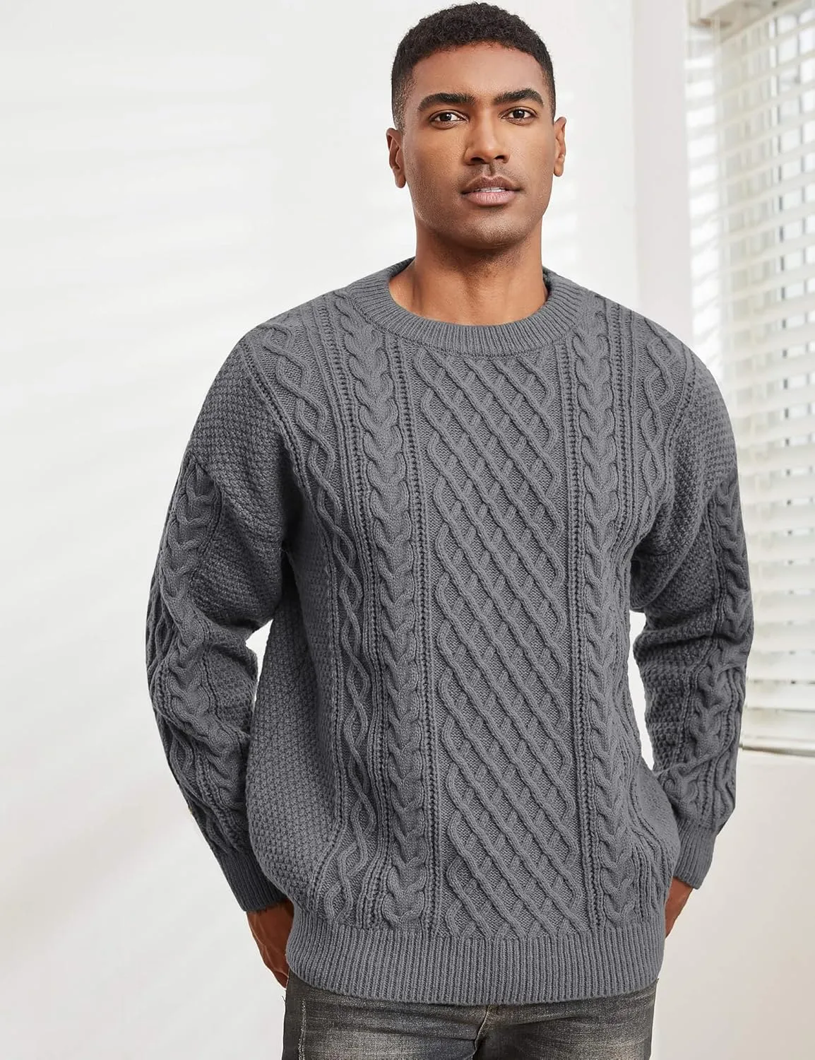 Men's Knit Sweater Crewneck Loose Fit Casual Twist Patterned Textured Long Sleeve Cable Knitted Pullover