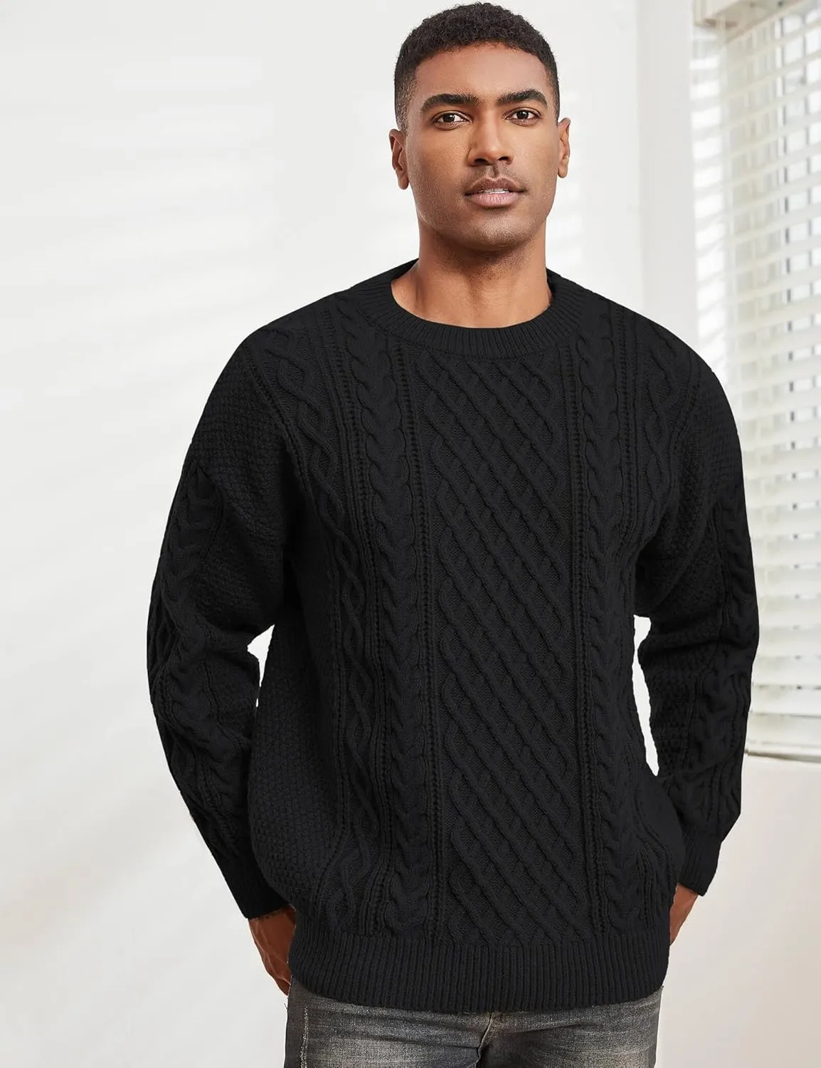 Men's Knit Sweater Crewneck Loose Fit Casual Twist Patterned Textured Long Sleeve Cable Knitted Pullover