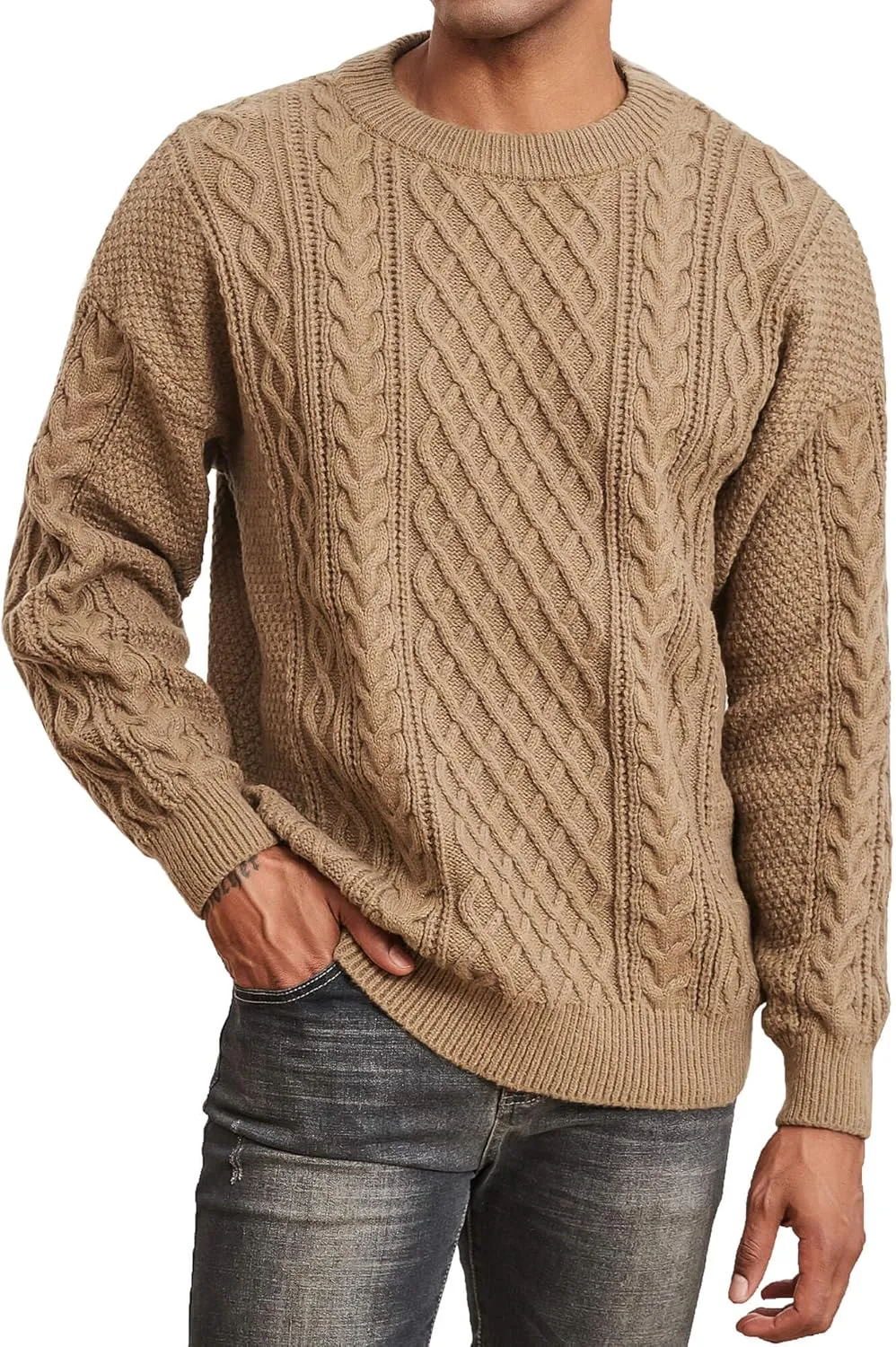 Men's Knit Sweater Crewneck Loose Fit Casual Twist Patterned Textured Long Sleeve Cable Knitted Pullover