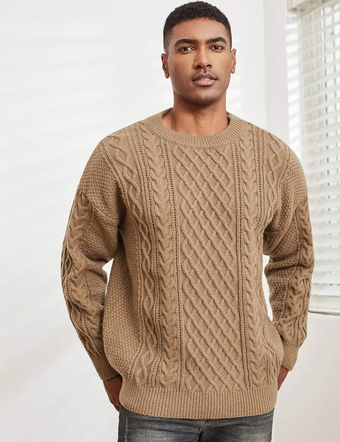 Men's Knit Sweater Crewneck Loose Fit Casual Twist Patterned Textured Long Sleeve Cable Knitted Pullover