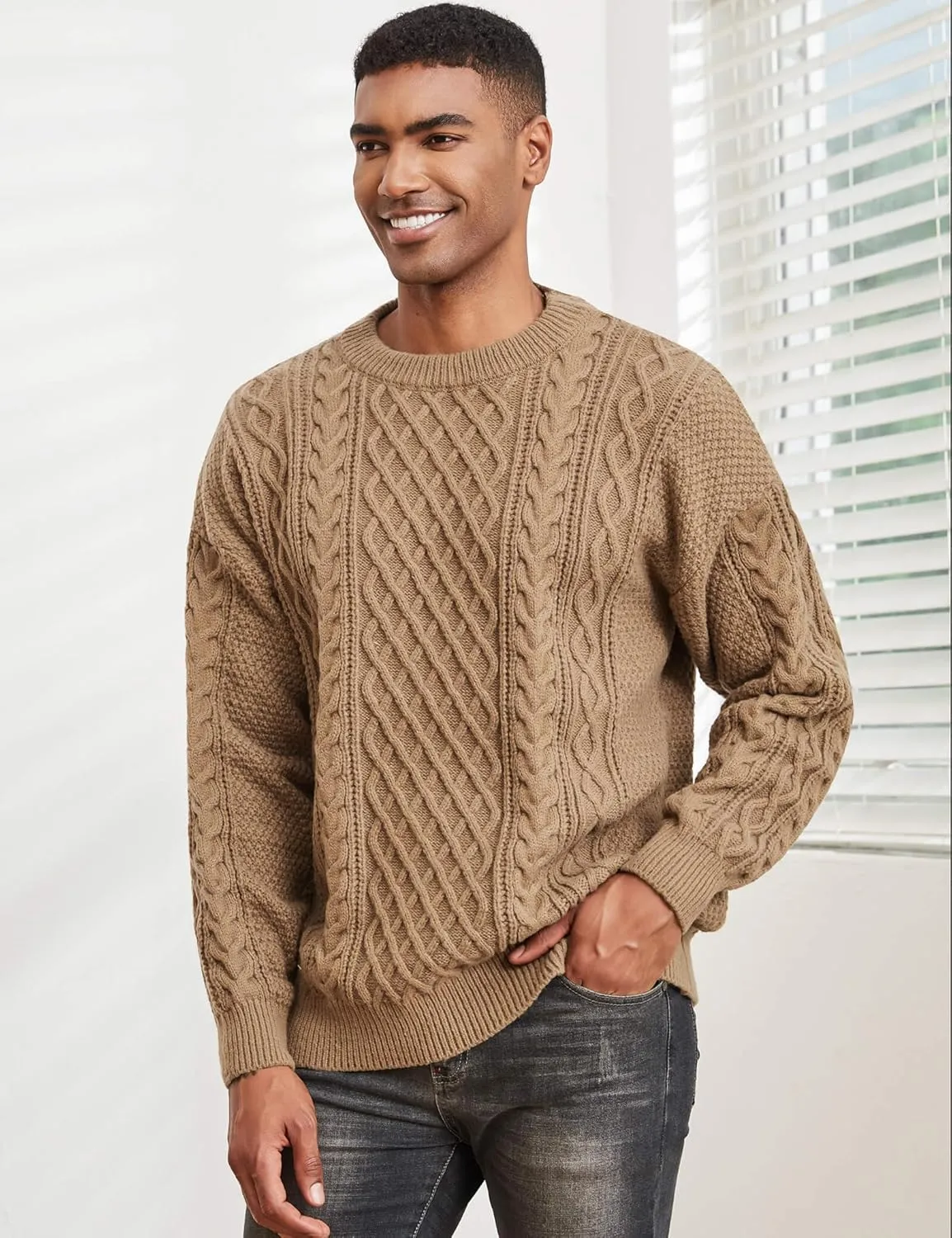 Men's Knit Sweater Crewneck Loose Fit Casual Twist Patterned Textured Long Sleeve Cable Knitted Pullover