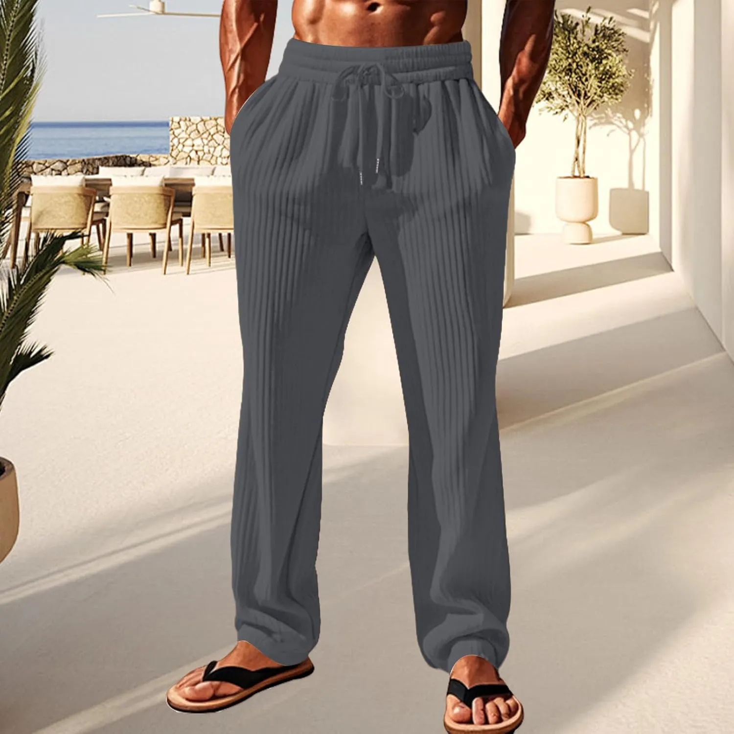 Mens Linen Drawstring Elastic Waist Lightweight Casual Summer Beach Trousers Pants