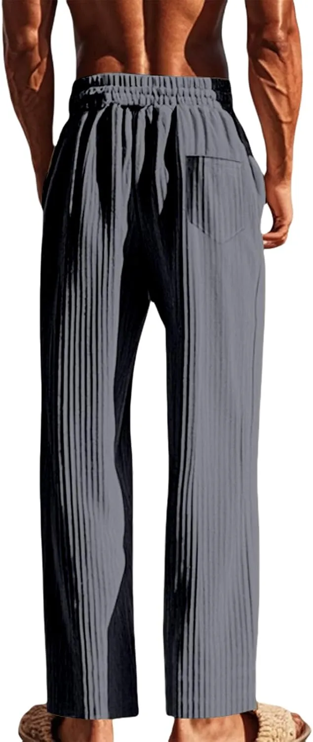 Mens Linen Drawstring Elastic Waist Lightweight Casual Summer Beach Trousers Pants