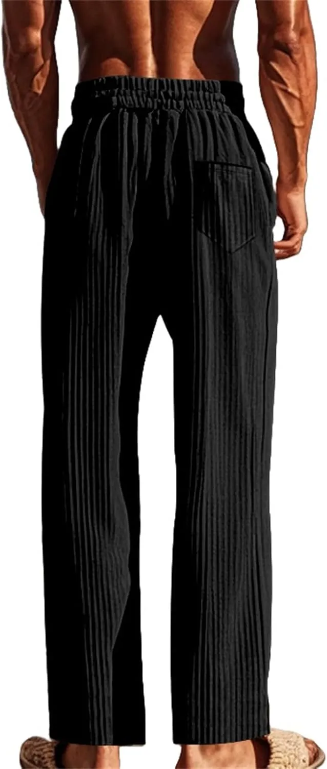 Mens Linen Drawstring Elastic Waist Lightweight Casual Summer Beach Trousers Pants