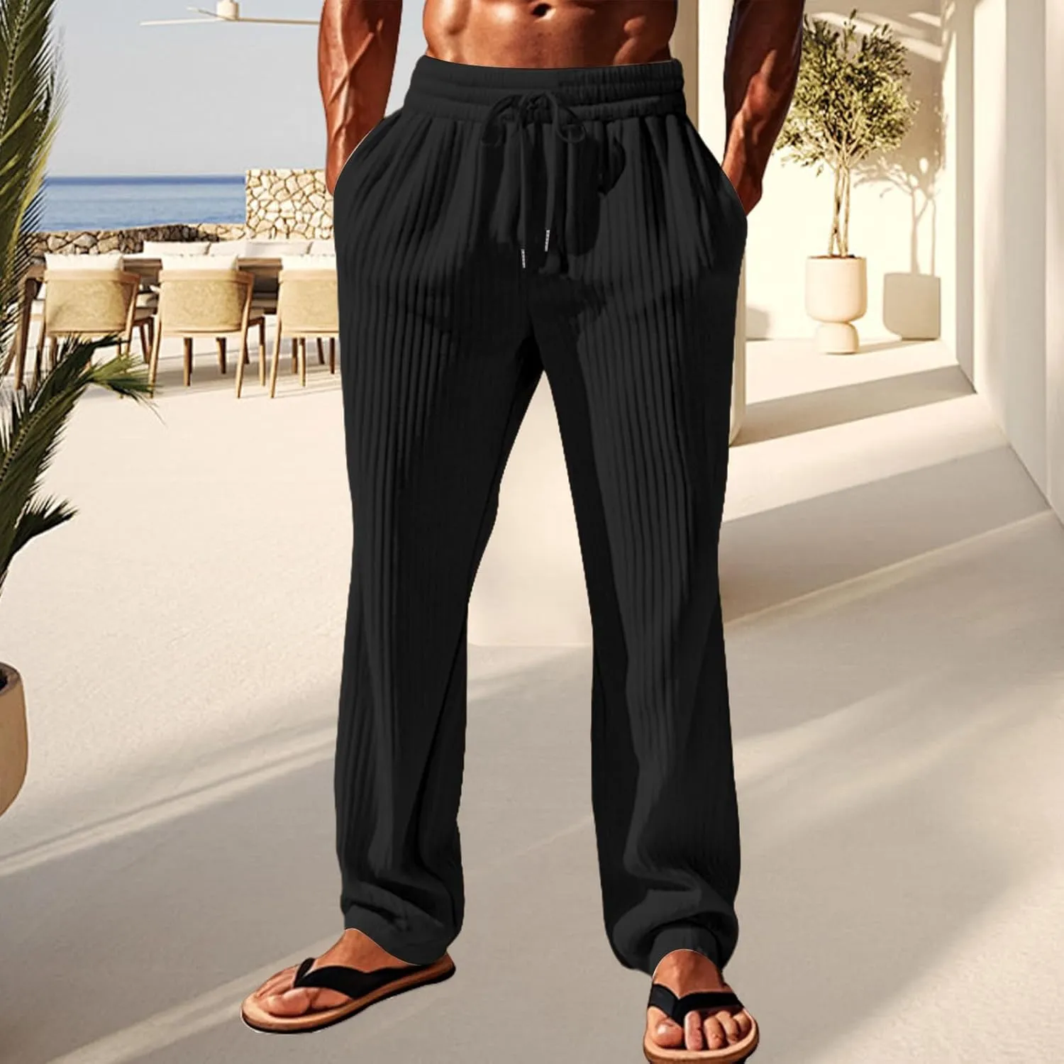 Mens Linen Drawstring Elastic Waist Lightweight Casual Summer Beach Trousers Pants