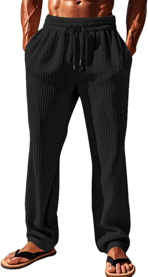 Mens Linen Drawstring Elastic Waist Lightweight Casual Summer Beach Trousers Pants