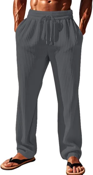 Mens Linen Drawstring Elastic Waist Lightweight Casual Summer Beach Trousers Pants