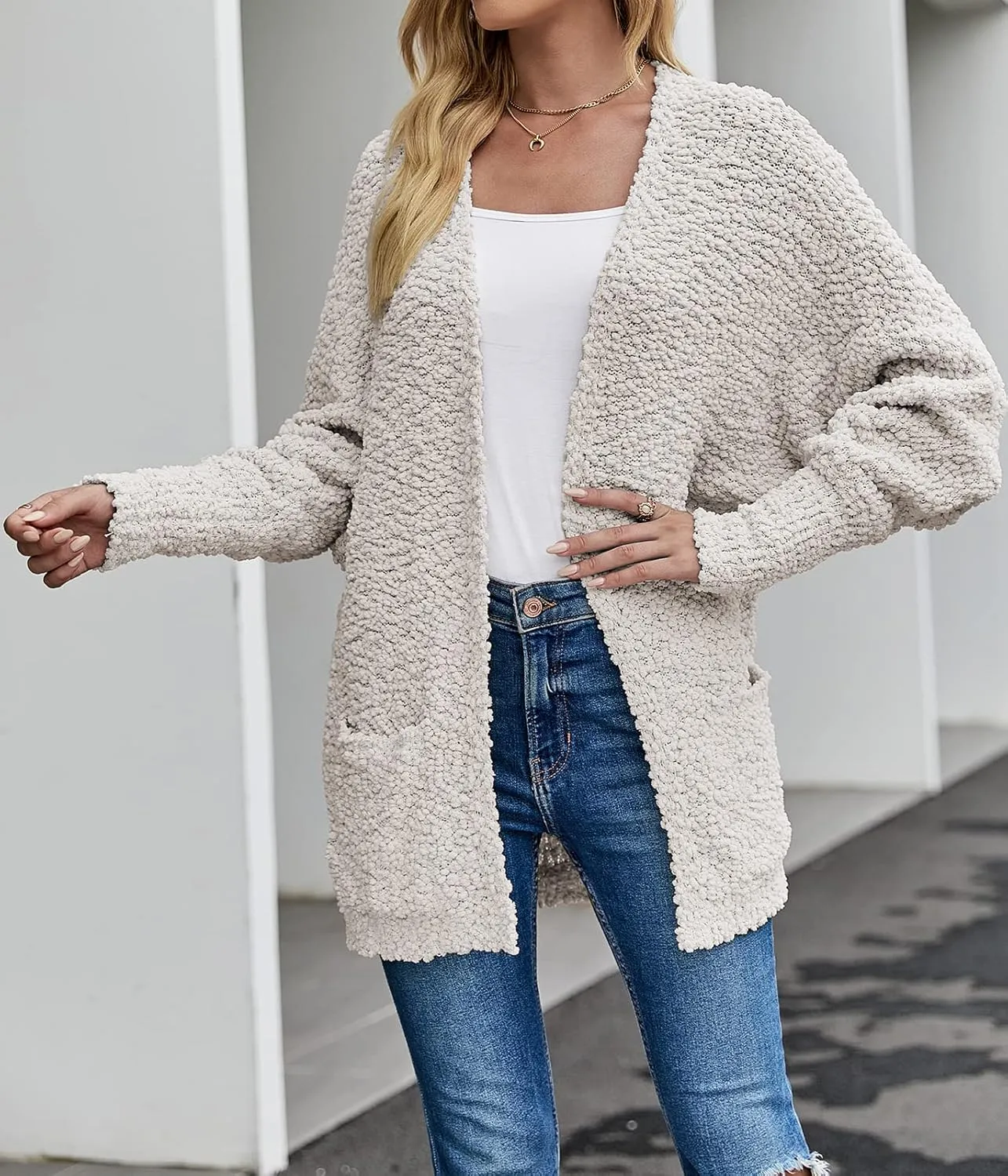 MEROKEETY Women's 2025 Winter Fuzzy Popcorn Batwing Sleeve Cardigan Knit Oversized Sherpa Sweater Coat