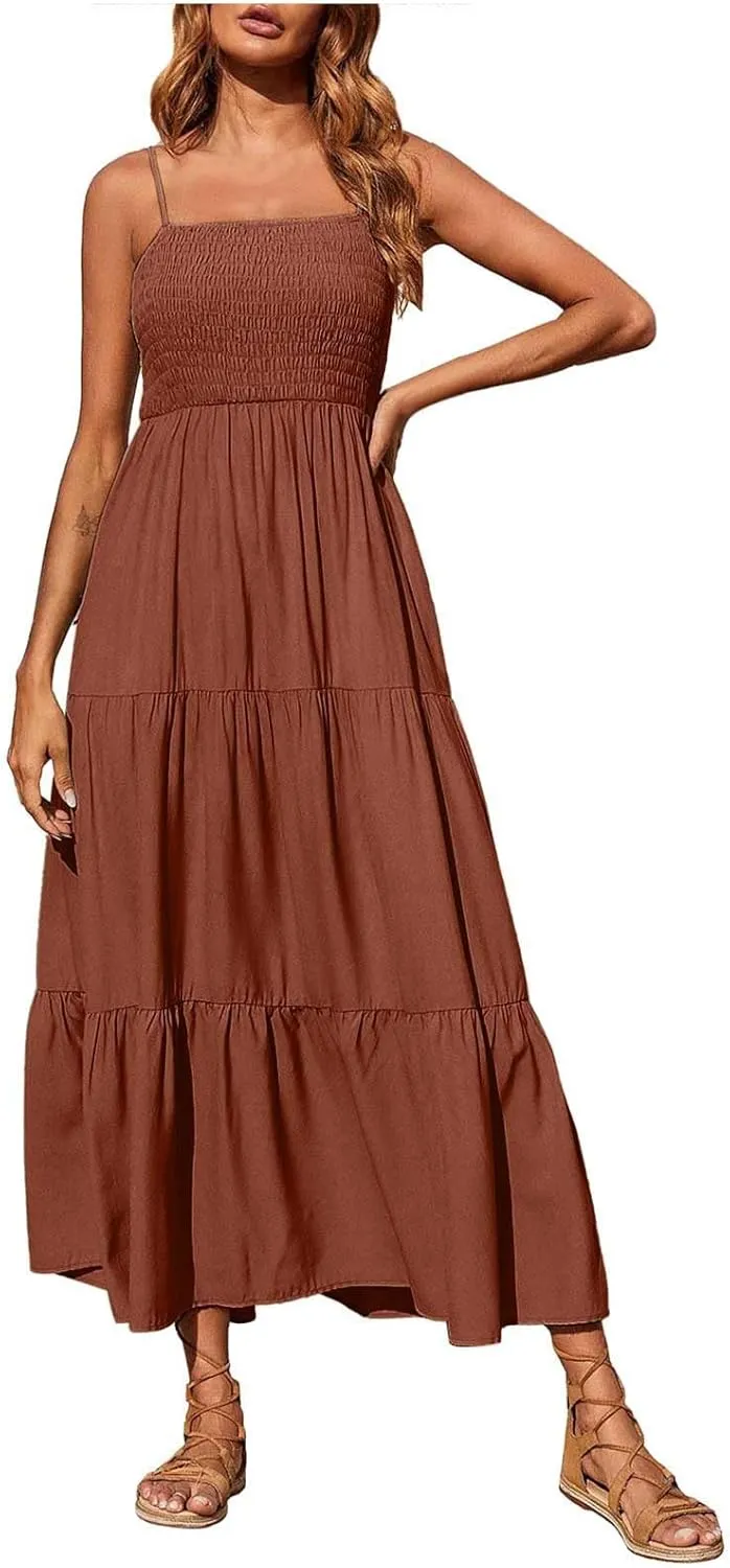 NaRHbrg Women's Boho Smocked Maxi Dress Sleeveless Tiered Flowy Sundress Casual Summer Beach Dress Lightweight Elegant Outfit
