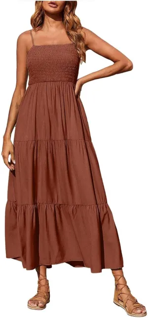 NaRHbrg Women's Boho Smocked Maxi Dress Sleeveless Tiered Flowy Sundress Casual Summer Beach Dress Lightweight Elegant Outfit