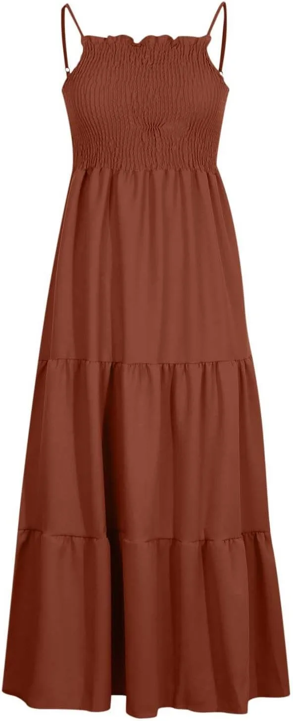 NaRHbrg Women's Boho Smocked Maxi Dress Sleeveless Tiered Flowy Sundress Casual Summer Beach Dress Lightweight Elegant Outfit