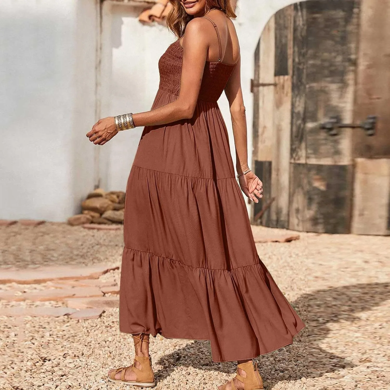 NaRHbrg Women's Boho Smocked Maxi Dress Sleeveless Tiered Flowy Sundress Casual Summer Beach Dress Lightweight Elegant Outfit