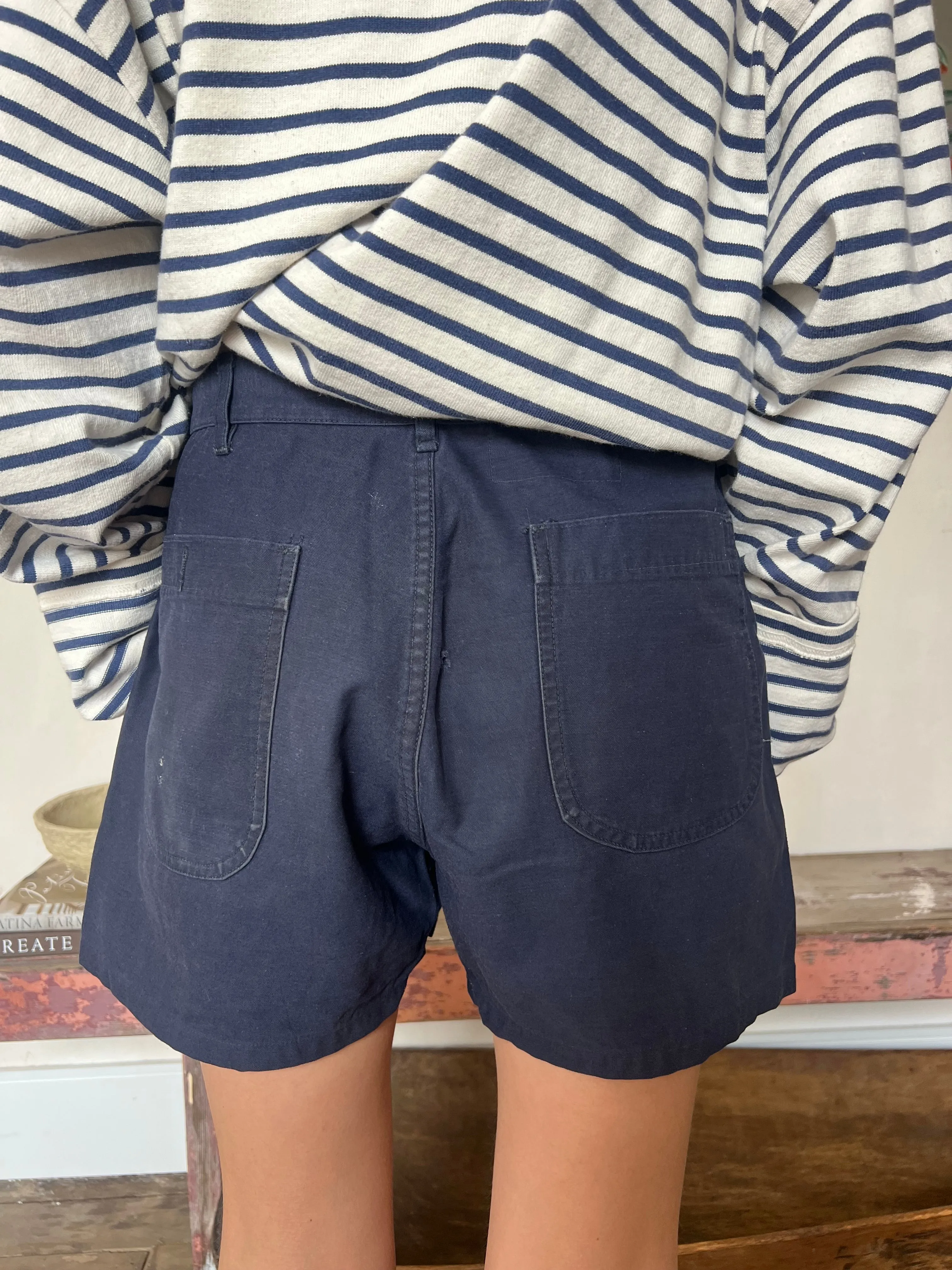 Navy Workwear Shorts With Mending