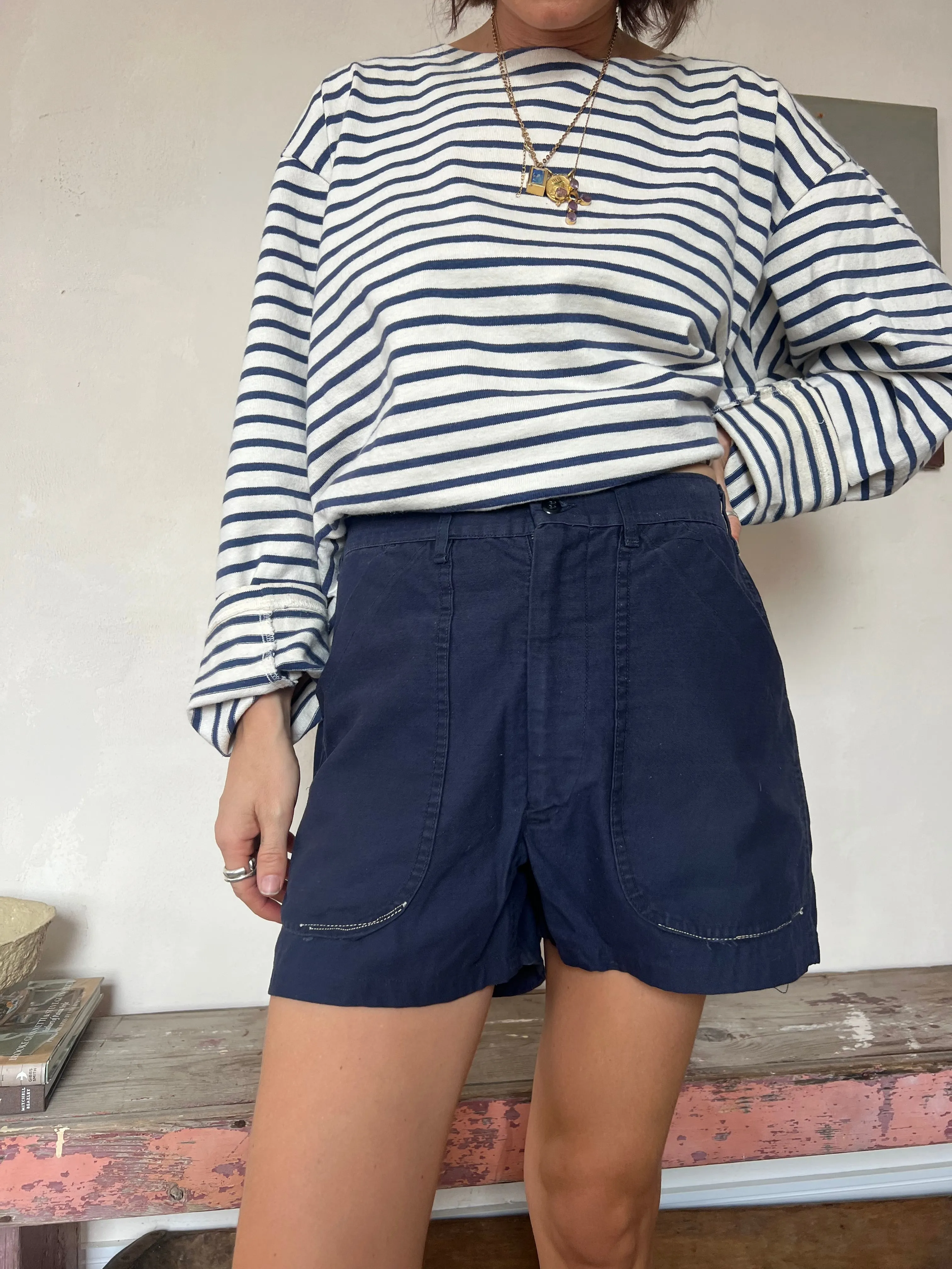Navy Workwear Shorts With Mending