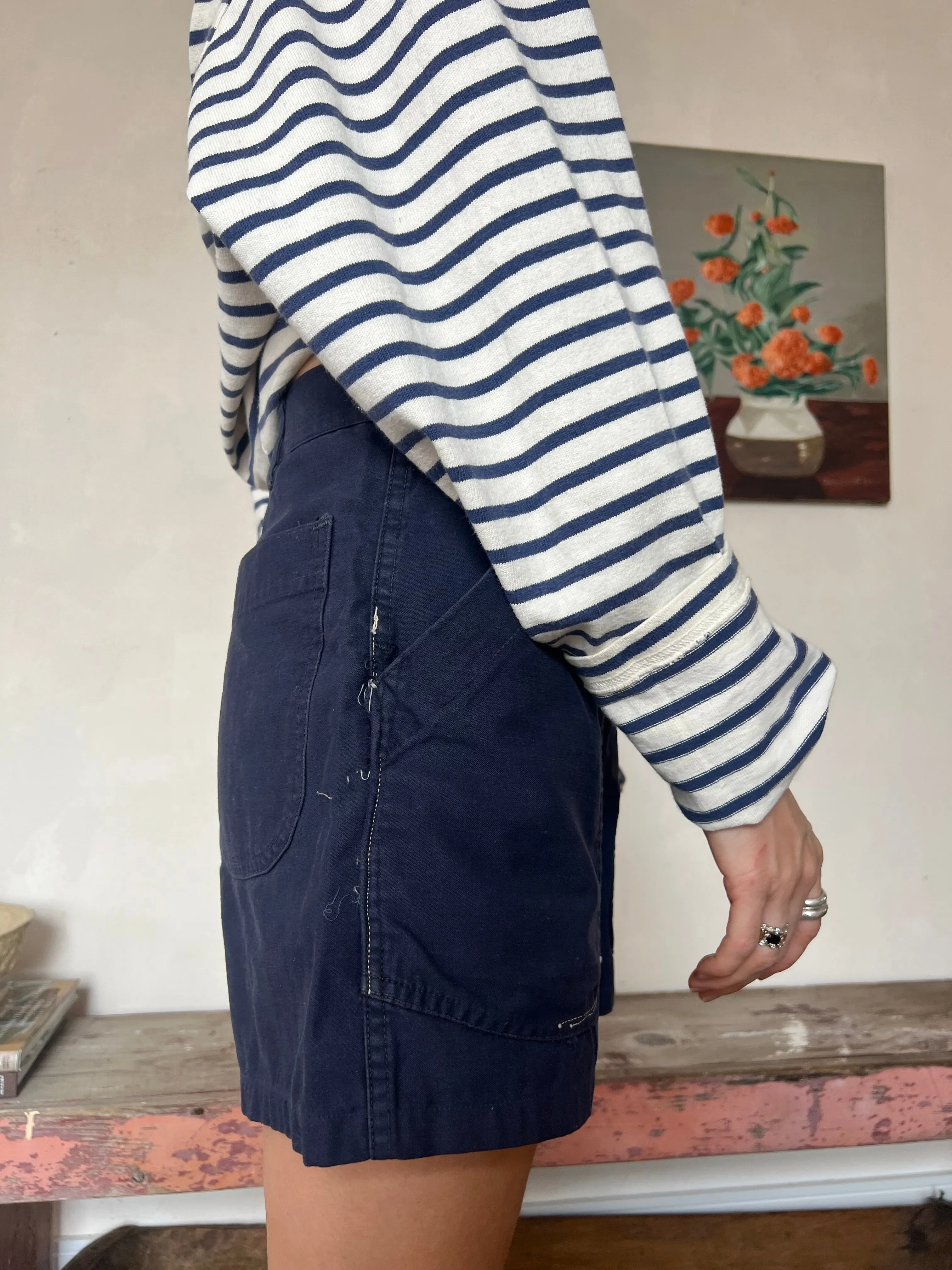 Navy Workwear Shorts With Mending