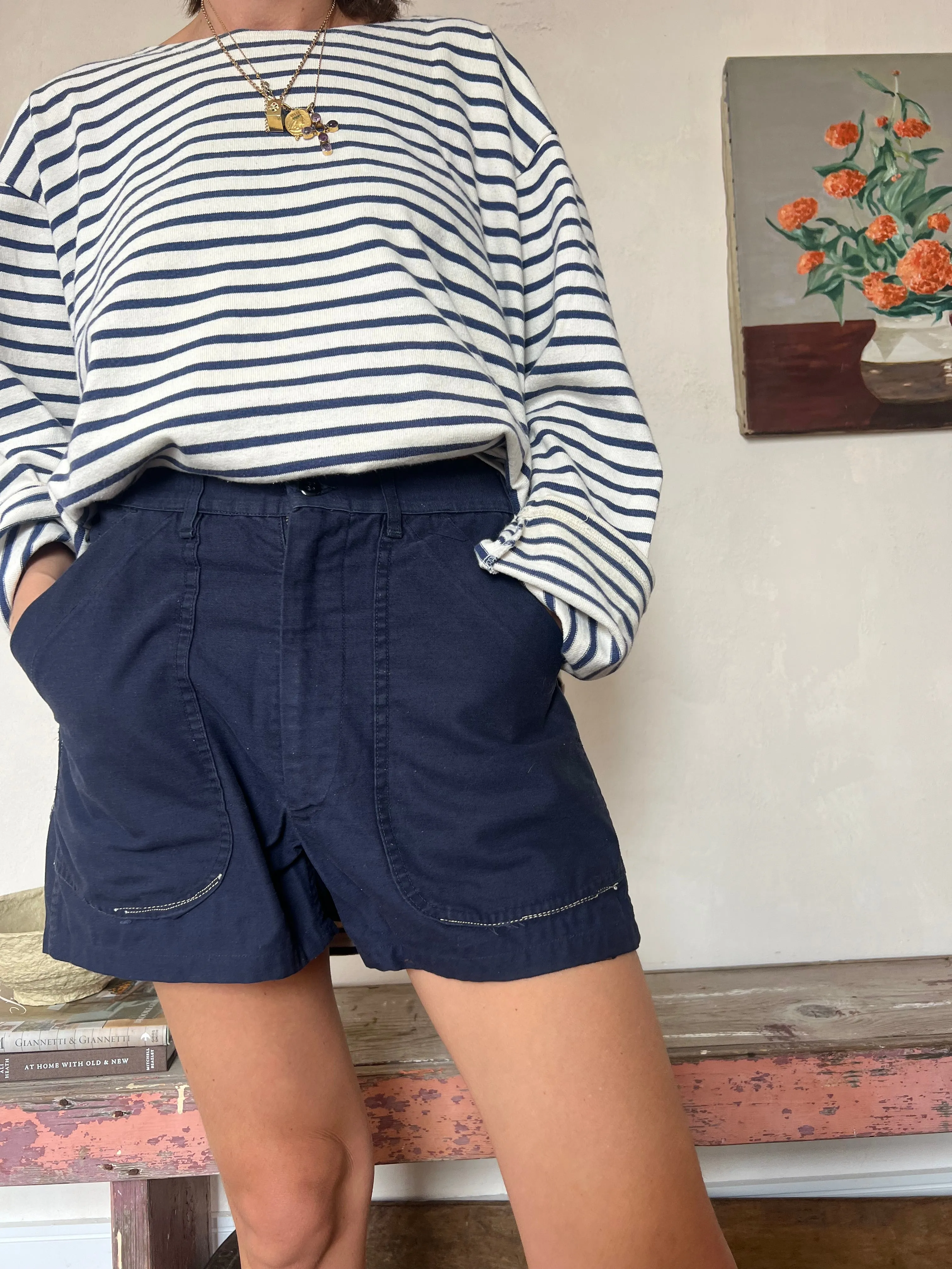 Navy Workwear Shorts With Mending