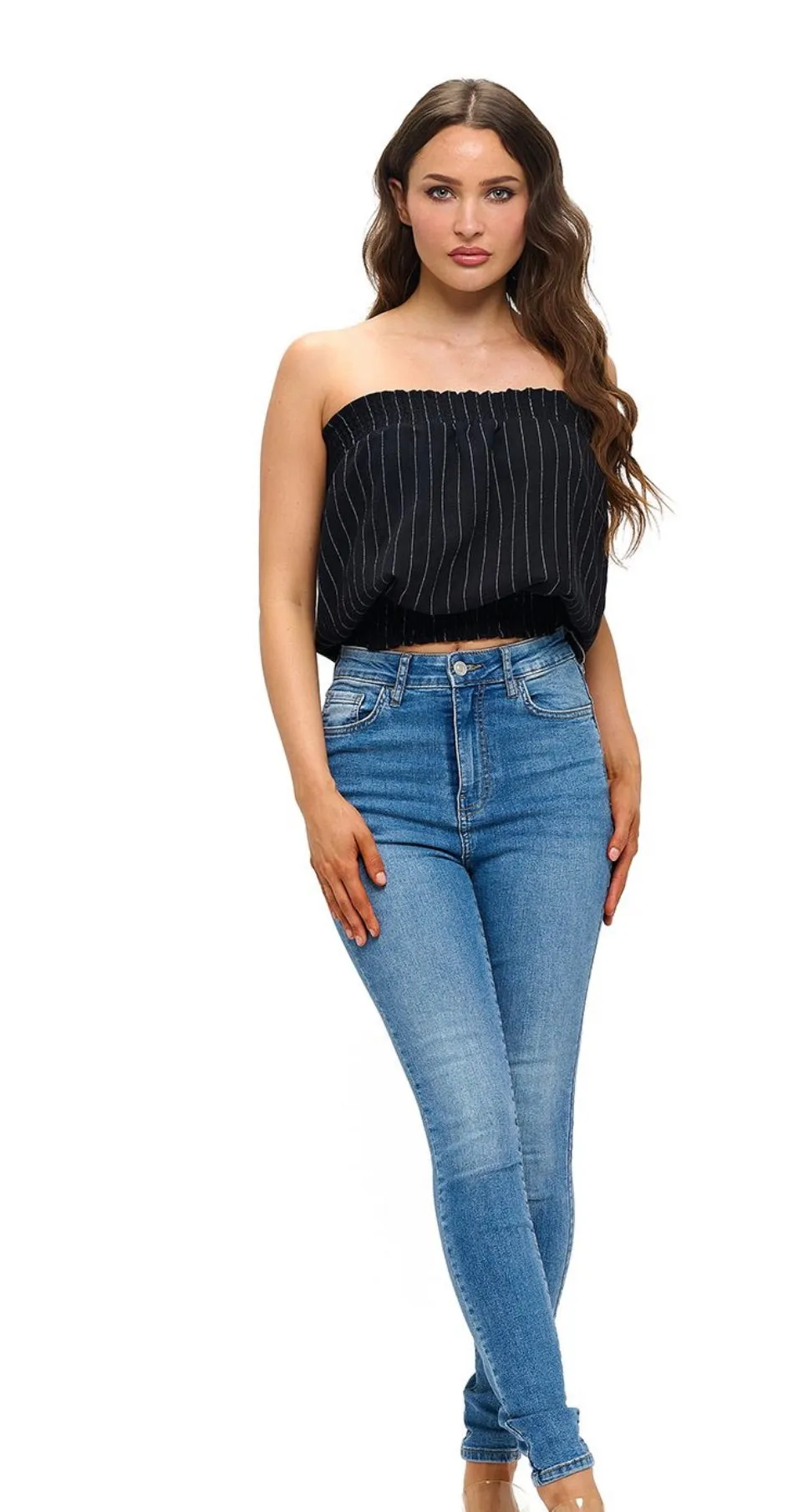 Pin Stripe Smocking Detail Strapless Top