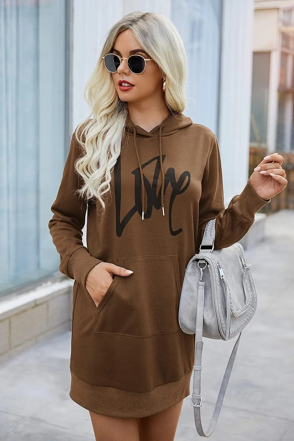 PRETTYGARDEN Women's Hooded Sweatshirt Fall Fashion Drawstring Lightweight Long Sleeve Pullover Hoodie Dress