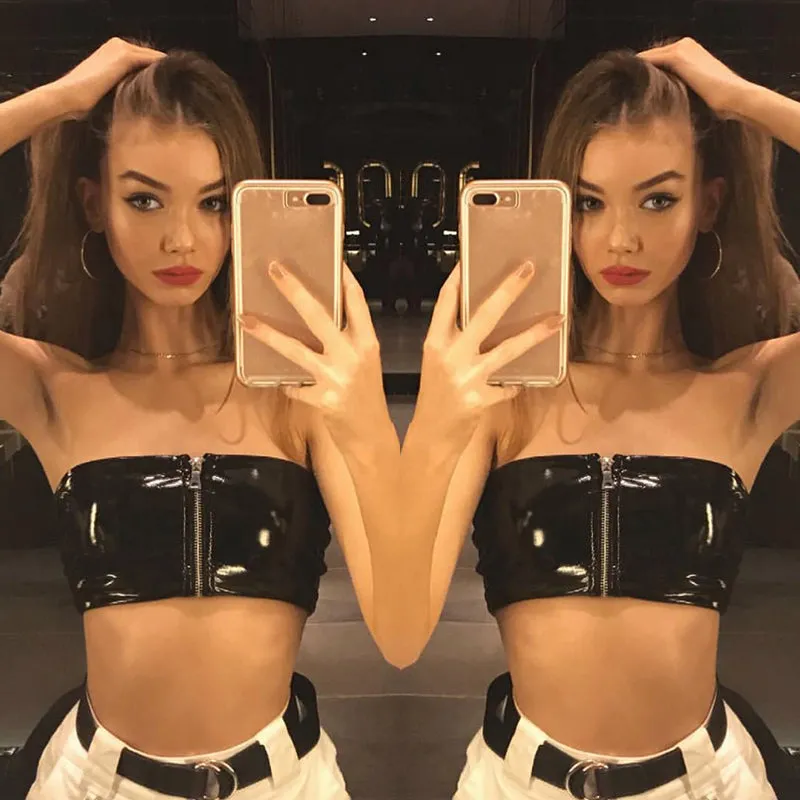 PU Leather Strapless Zipper Tube Top