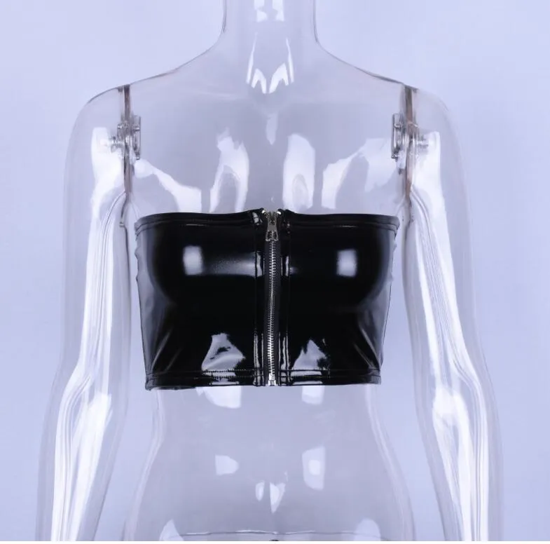 PU Leather Strapless Zipper Tube Top