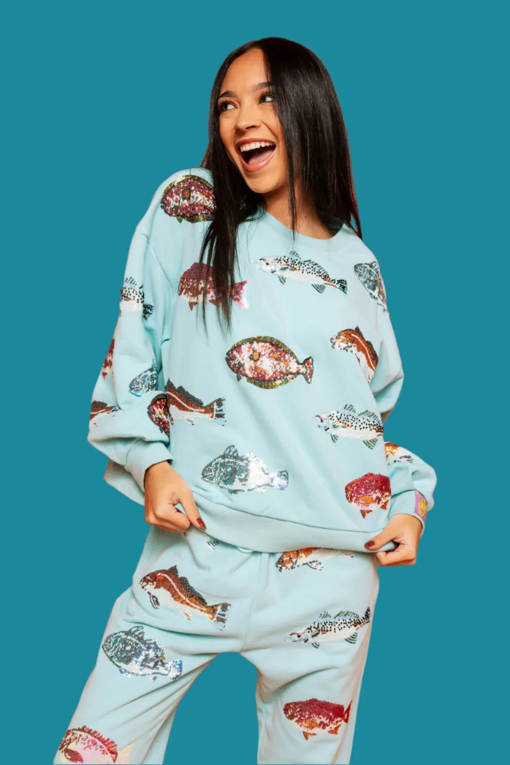 Queen Of Sparkles Light Blue Fish Sweatshirt