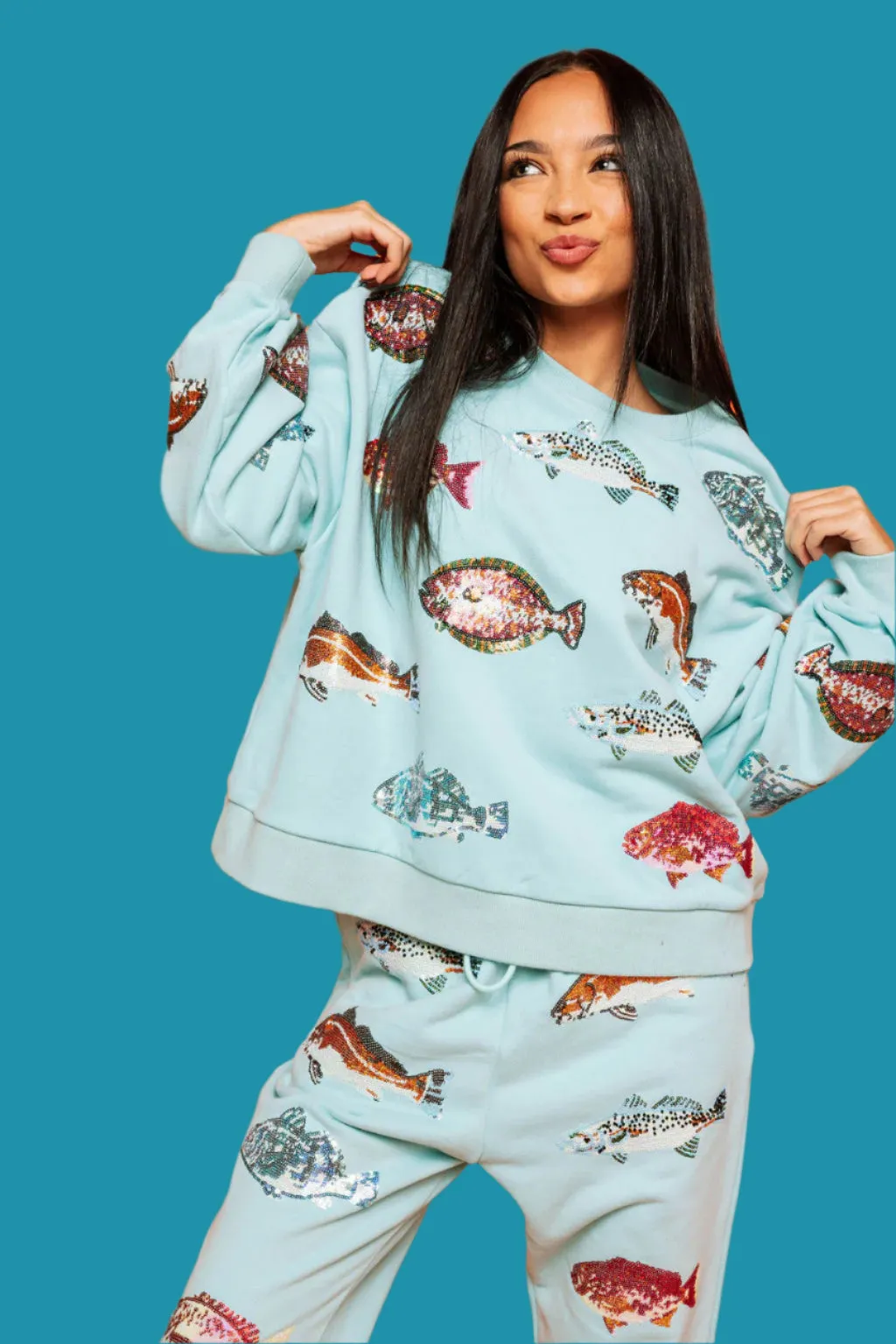 Queen Of Sparkles Light Blue Fish Sweatshirt