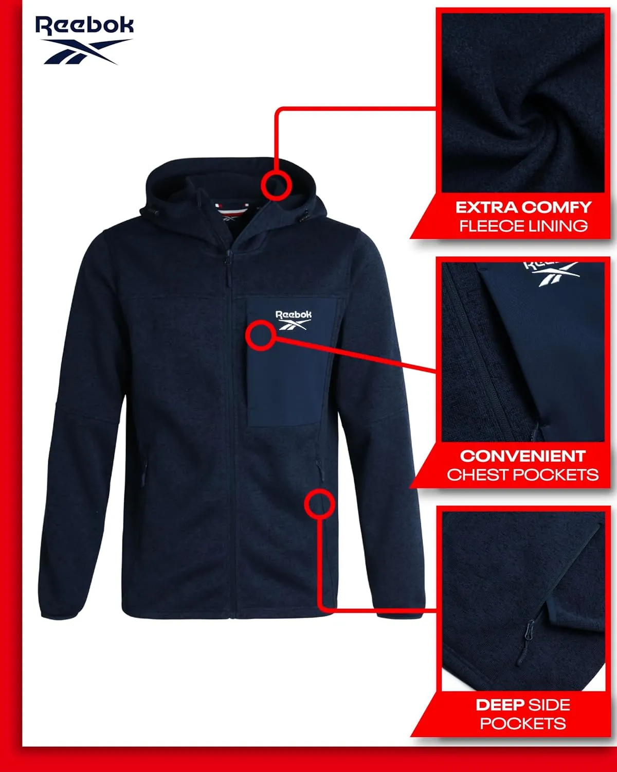Reebok Men's Sweater Jacket - Fleece Lined Weather Resistant Insulated Outerwear - Cozy Sweater Jackets for Men (Sizes:M-XXL)