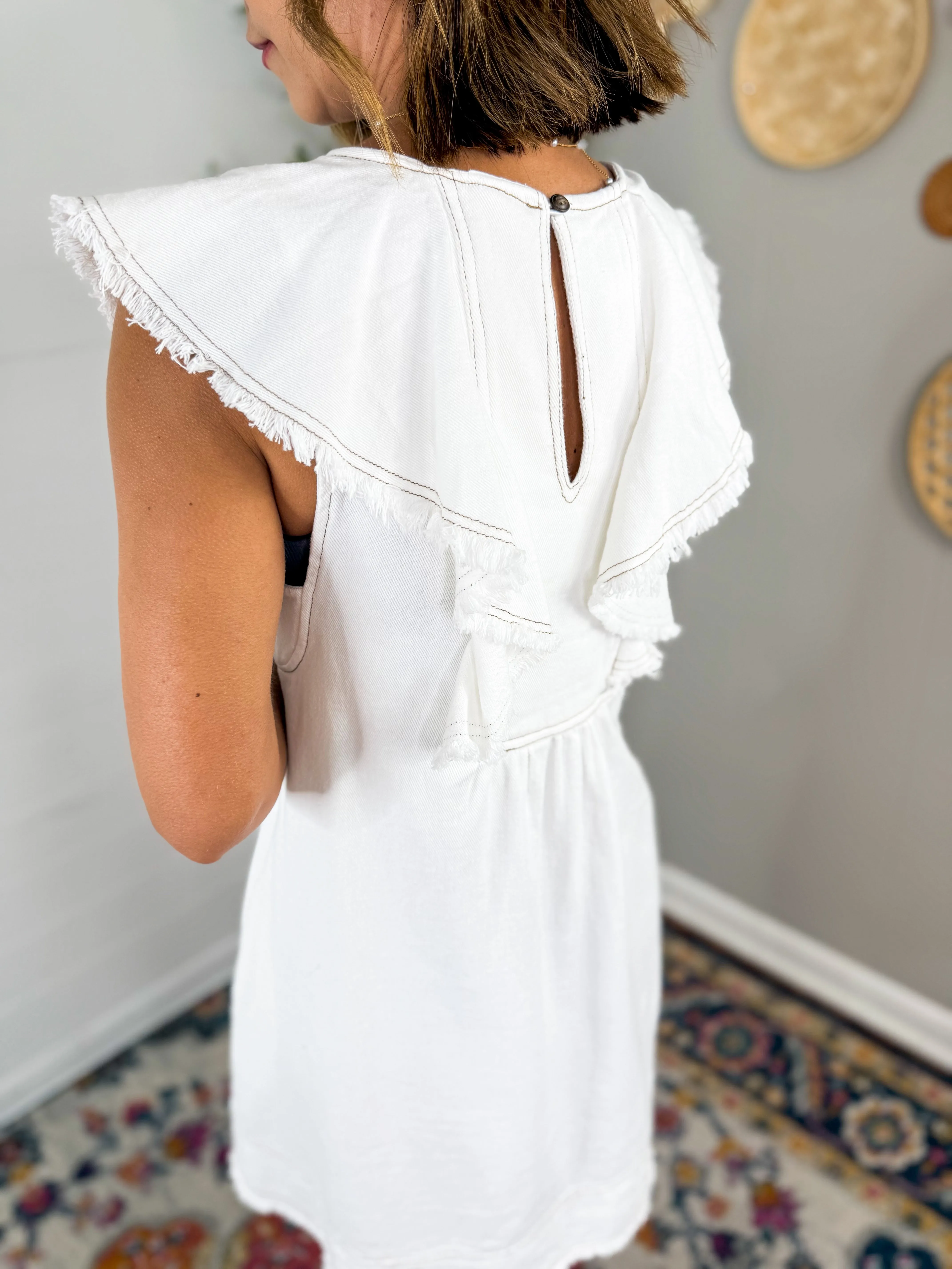 Ruffle Neck Denim Shift Dress