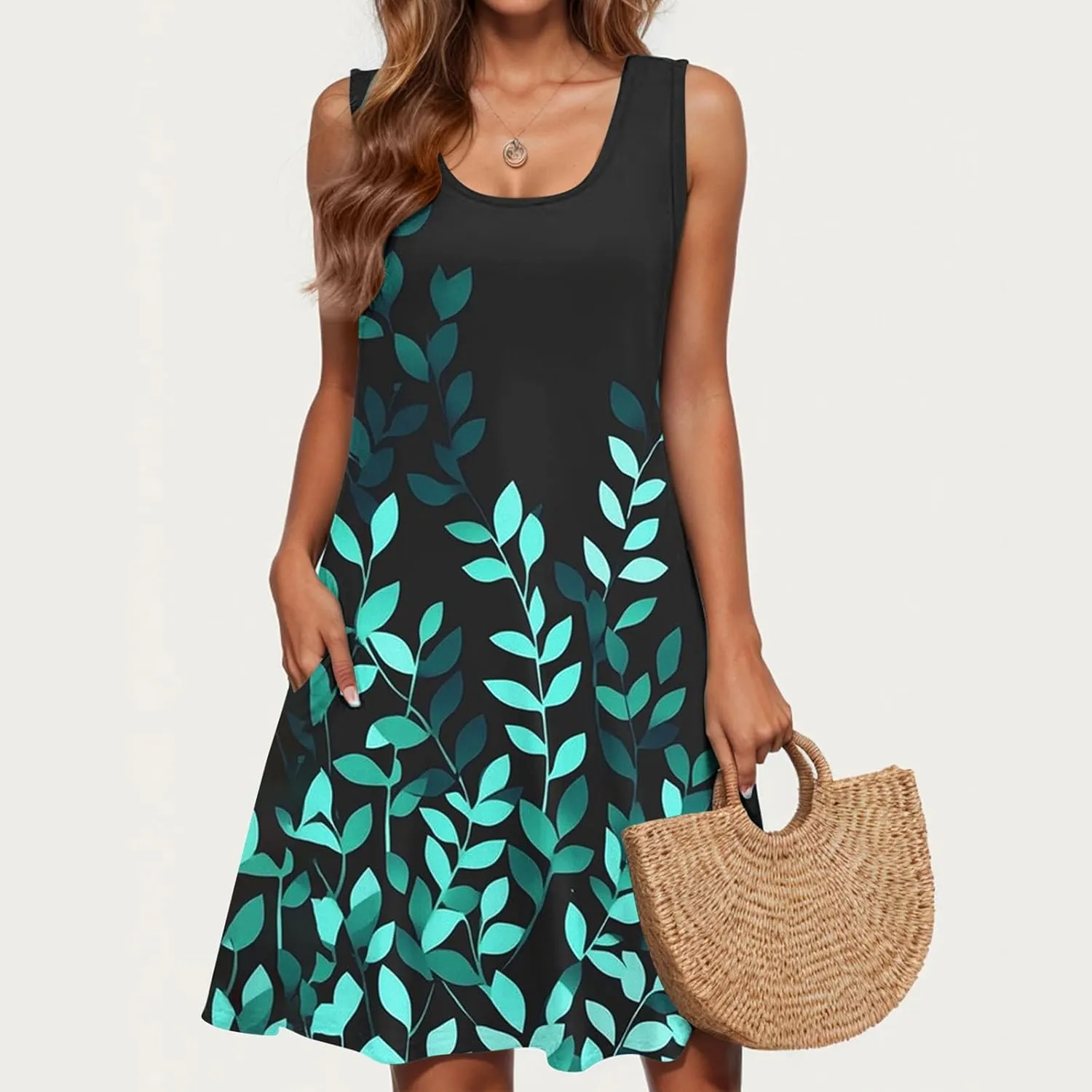 Sleeveless A-Line Sundress for Women V-Neck Casual Summer Mini Dress with Pockets Lightweight Flowy Dresses