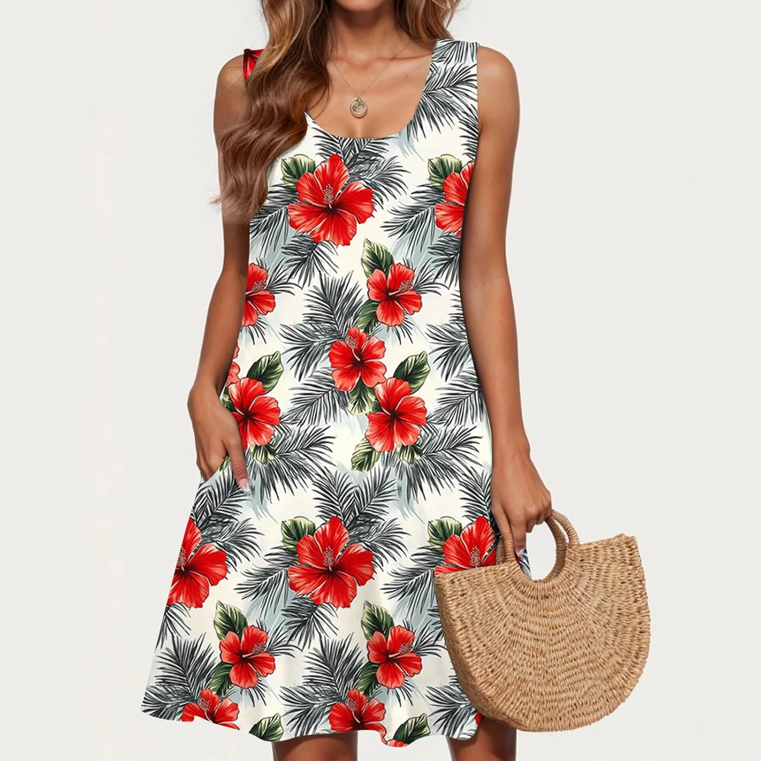 Sleeveless A-Line Sundress for Women V-Neck Casual Summer Mini Dress with Pockets Lightweight Flowy Dresses