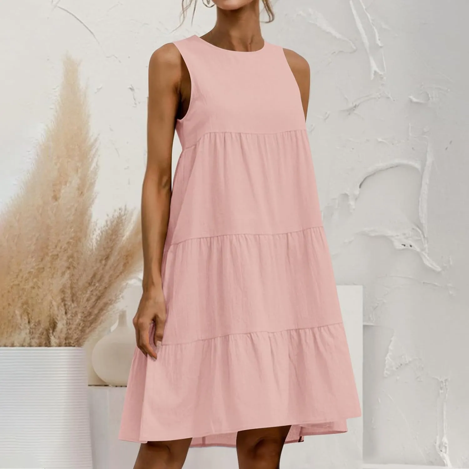 Summer Casual Dresses for Women 2024 Loose Fit Lightweight Pleated Linen Sundresses Plus Size Going Out Beach Dresses