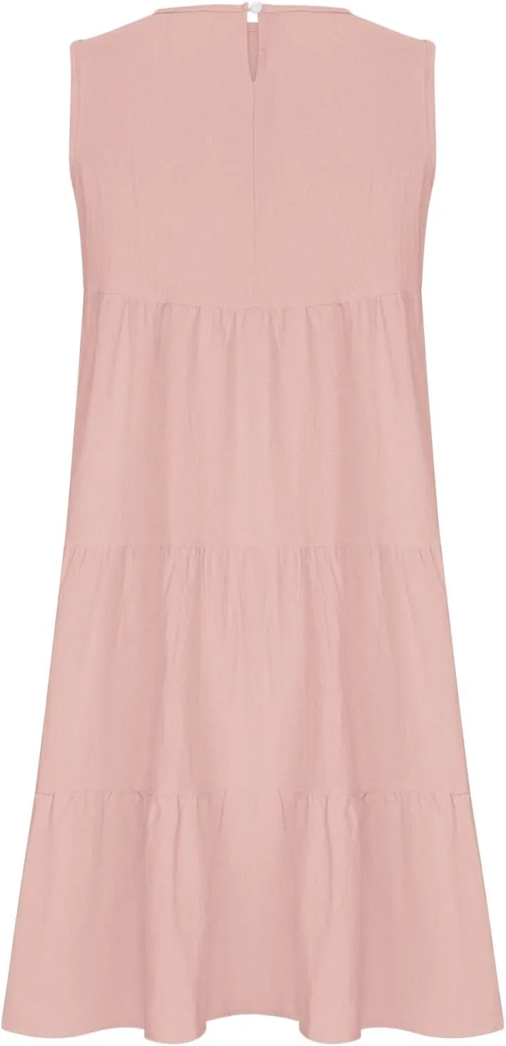 Summer Casual Dresses for Women 2024 Loose Fit Lightweight Pleated Linen Sundresses Plus Size Going Out Beach Dresses