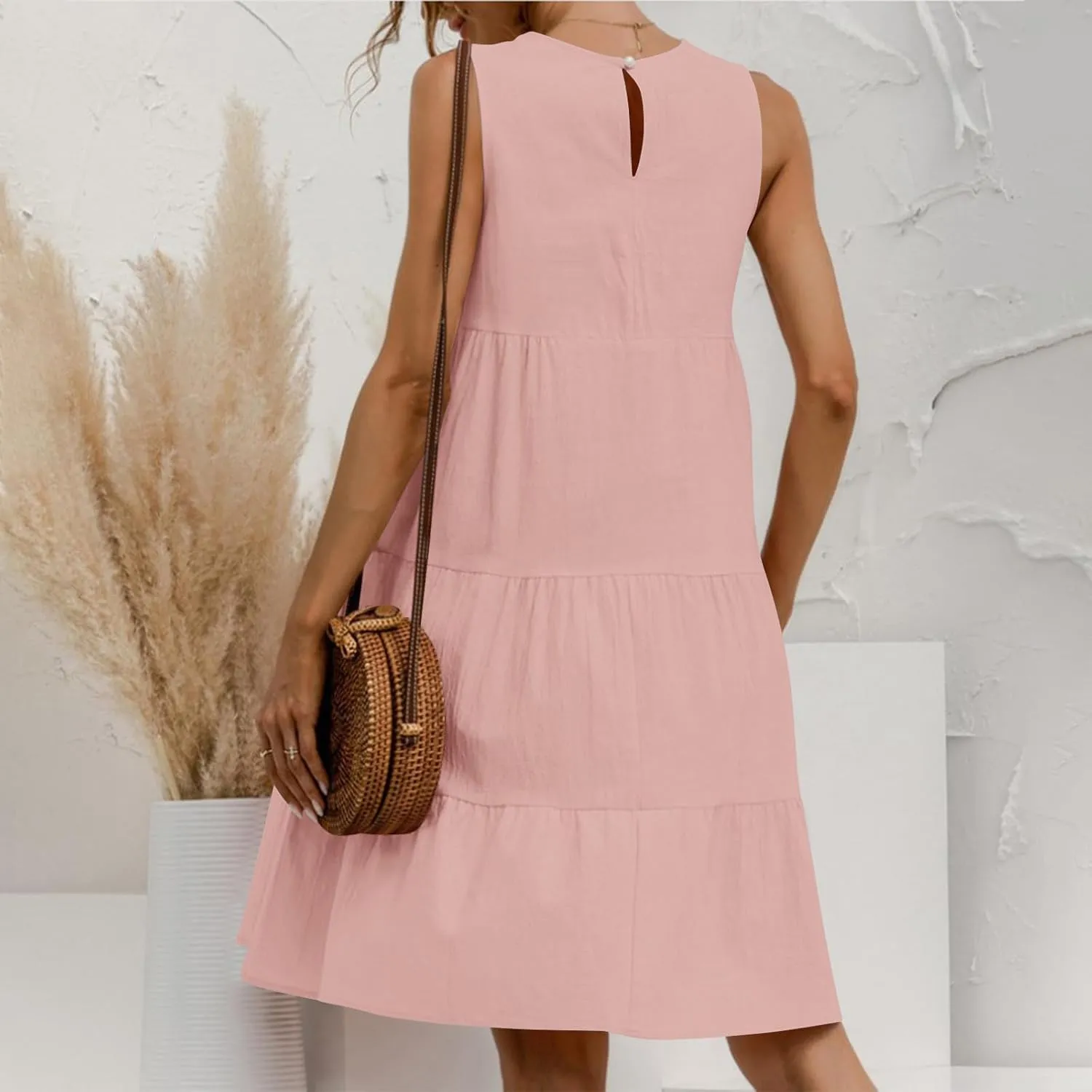 Summer Casual Dresses for Women 2024 Loose Fit Lightweight Pleated Linen Sundresses Plus Size Going Out Beach Dresses