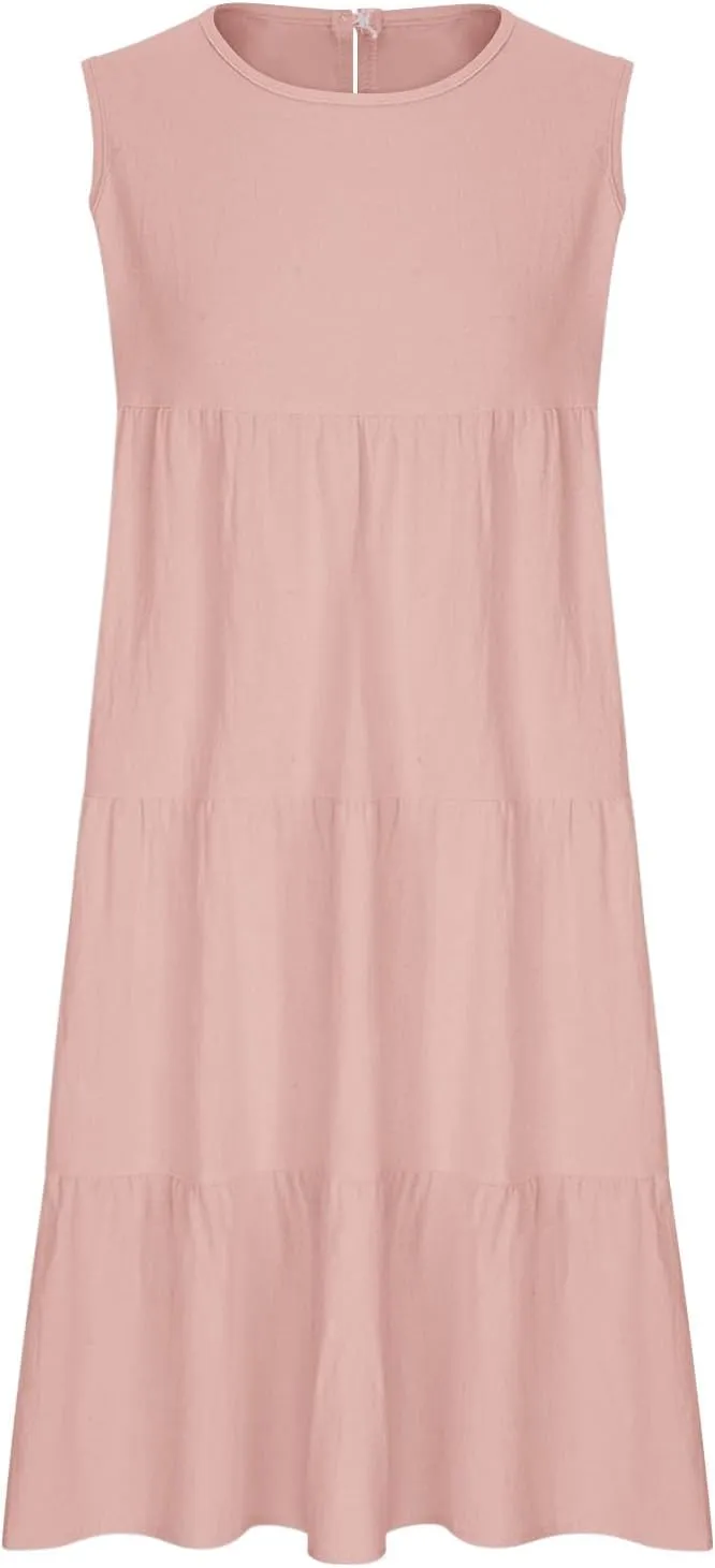 Summer Casual Dresses for Women 2024 Loose Fit Lightweight Pleated Linen Sundresses Plus Size Going Out Beach Dresses