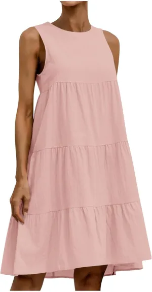 Summer Casual Dresses for Women 2024 Loose Fit Lightweight Pleated Linen Sundresses Plus Size Going Out Beach Dresses