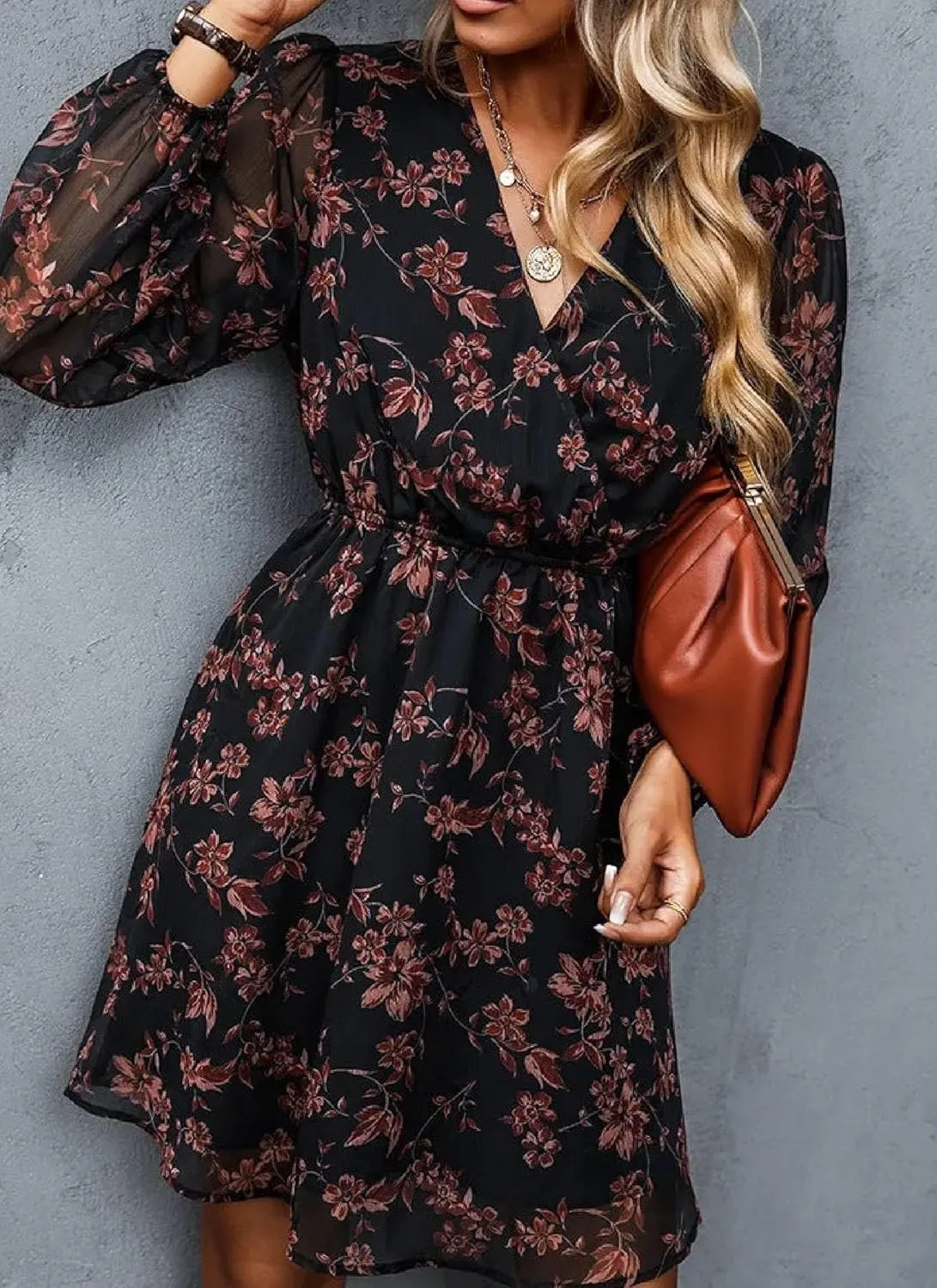 Summer Casual Wrap Dress for Women V Neck Ruffle Floral Print Long Sleeve Lightweight Mini Dress