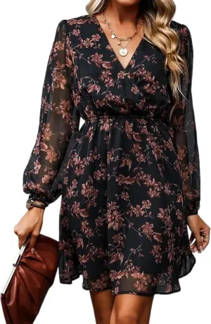 Summer Casual Wrap Dress for Women V Neck Ruffle Floral Print Long Sleeve Lightweight Mini Dress