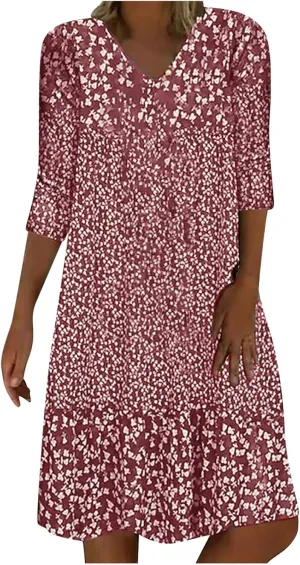 Summer Dresses for Women 2025 Vacation Floral Print 3/4 Sleeve V Neck Dress Comfy Lightweight Casual Fashion Dress